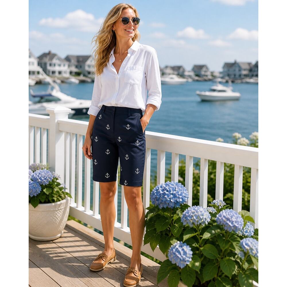 Castaway Nantucket Island Navy Anchor Embroidered Bermuda Shorts Women’s Size 4